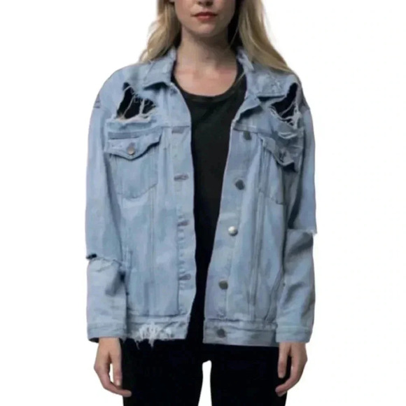 Urban Outfitters Neon Blonde Jean Jacket Light Wash Denim Distressed Blue Small - Picture 3 of 16